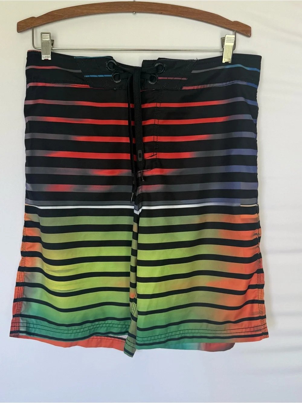 Oakley Black Boardshorts with Rainbow Gradient Stripes Y2K 21”